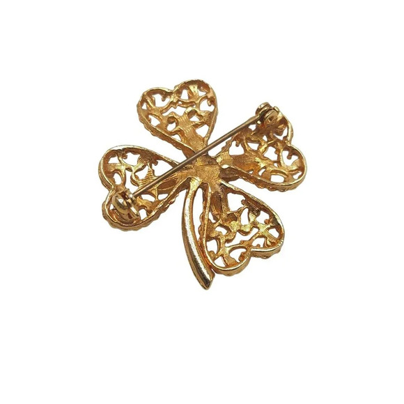 Orange Crystal Rhinestone Flower Open Work Brooch Pin Gold Tone Vintage - Picture 3 of 4